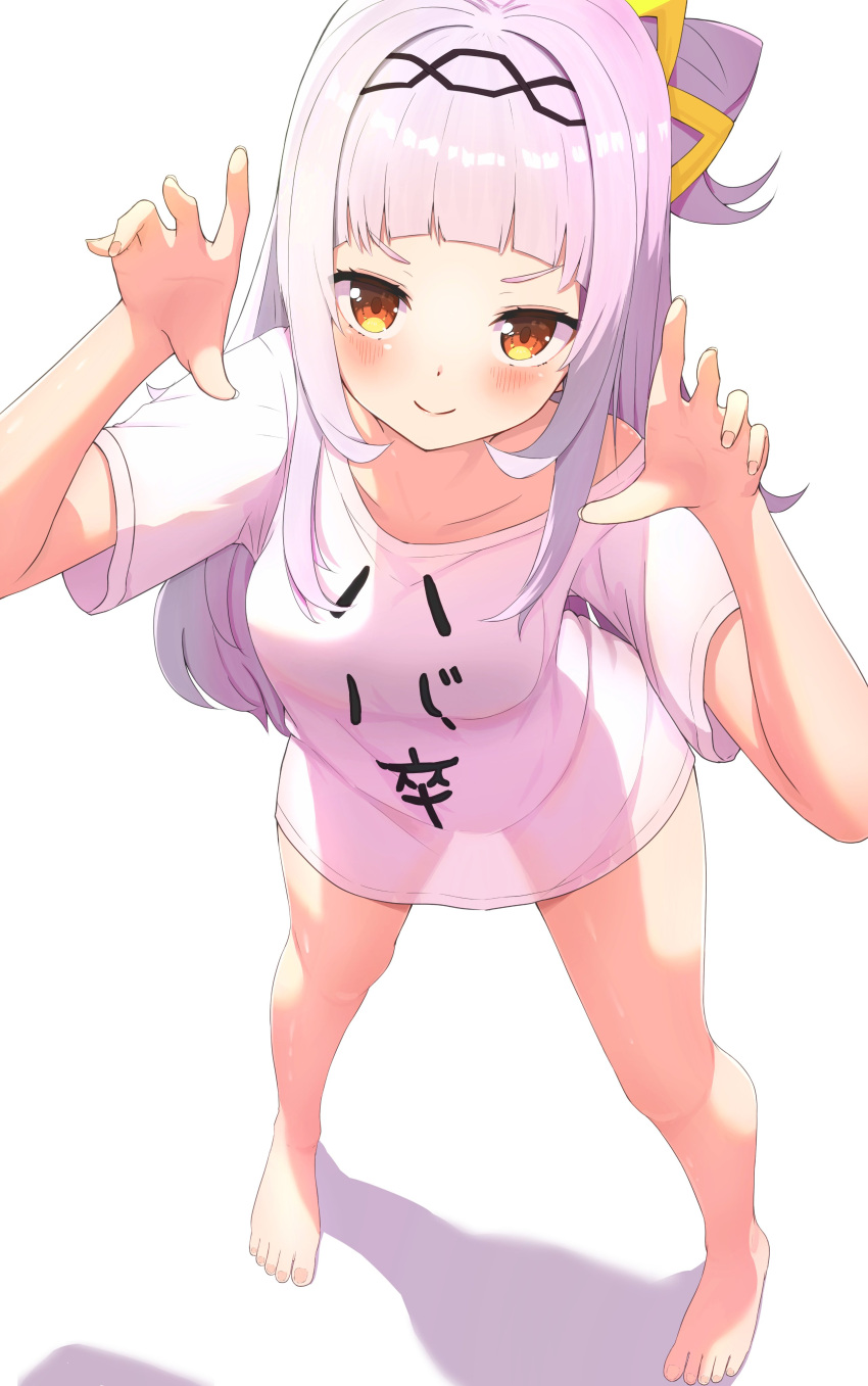 1girl absurdres alternate_costume aoto_mei bangs blunt_bangs blush breasts closed_mouth collarbone commentary_request cone_hair_bun feet full_body hair_bun hair_ornament hairband hands_up highres hololive legs long_hair looking_at_viewer murasaki_shion nail_polish one_side_up orange_eyes purple_hair shadow shiny shiny_hair shiny_skin shirt sidelocks simple_background single_side_bun small_breasts solo standing t-shirt thighs toenail_polish toenails toes virtual_youtuber white_background