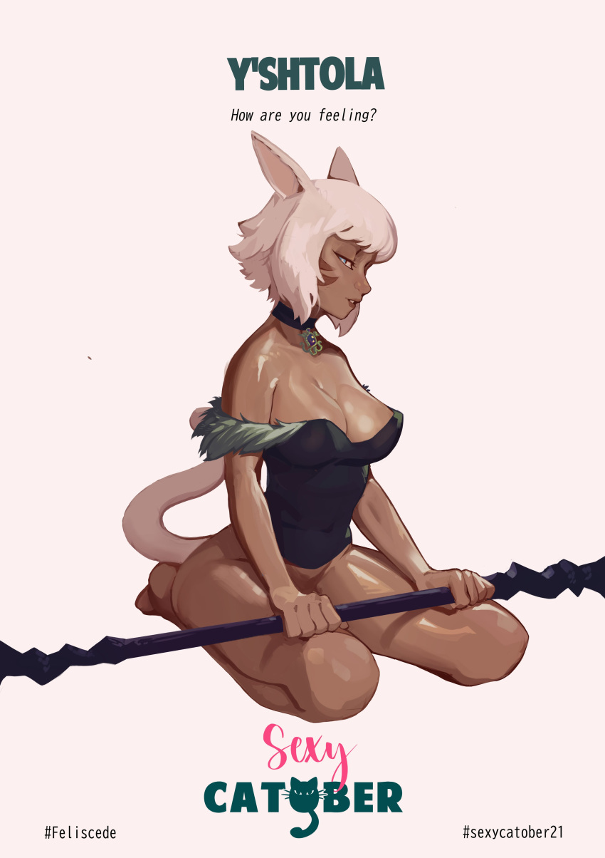 2021 absurd_res animal_humanoid big_breasts breasts cat_humanoid catober catober_2021 choker cleavage clothed clothing digital_drawing_(artwork) digital_media_(artwork) digital_painting_(artwork) facial_markings felid felid_humanoid feline feline_humanoid feliscede female final_fantasy final_fantasy_xiv hair head_markings hi_res humanoid jewelry kneeling lidded_eyes long_tail looking_at_viewer mammal mammal_humanoid markings miqo'te necklace simple_background solo square_enix staff tan_body video_games white_background white_hair y'shtola