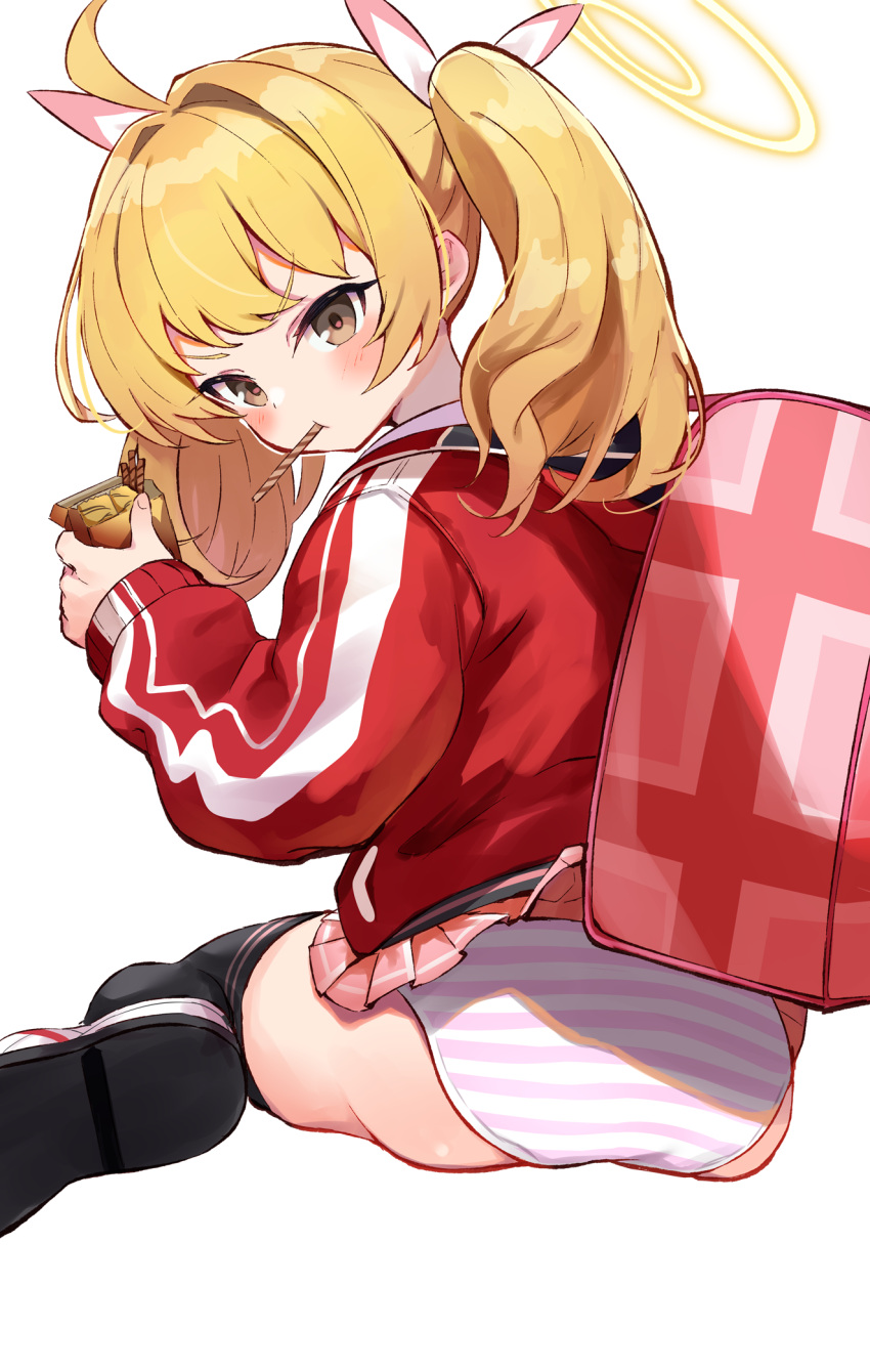 1girl accidental_exposure ass backpack bag black_thighhighs blonde_hair blue_archive blush box brown_eyes commentary food_in_mouth hair_ribbon halo highres holding holding_box holding_snack jacket kiomota long_hair long_sleeves looking_at_viewer looking_back miniskirt mouth_hold panties pantyshot pink_bag pink_panties pink_skirt pleated_skirt randoseru red_jacket ribbon shoes simple_background sitting skirt skirt_flip sneakers solo striped striped_panties thighhighs track_jacket twintails two-tone_panties underwear wafer_stick wariza white_background white_footwear white_panties yoshimi_(blue_archive)