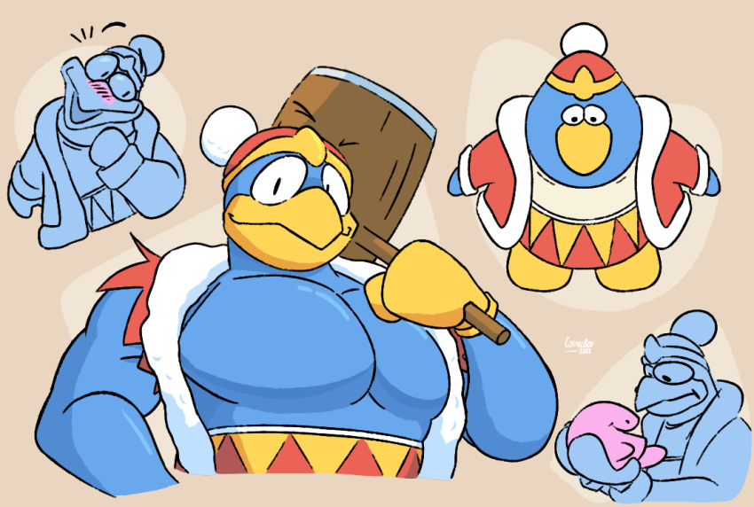 2022 anthro avian bird blue_body blush bottomwear clothed clothing club_penguin cosmicboy02 crossover digital_drawing_(artwork) digital_media_(artwork) glistening glistening_body gloves hammer handwear hat headgear headwear holding_object king_dedede kirby kirby_(series) looking_at_another male muscular muscular_anthro muscular_male nintendo partially_clothed pecs penguin signature simple_background smile solo style_parody tools topwear torn_clothing video_games