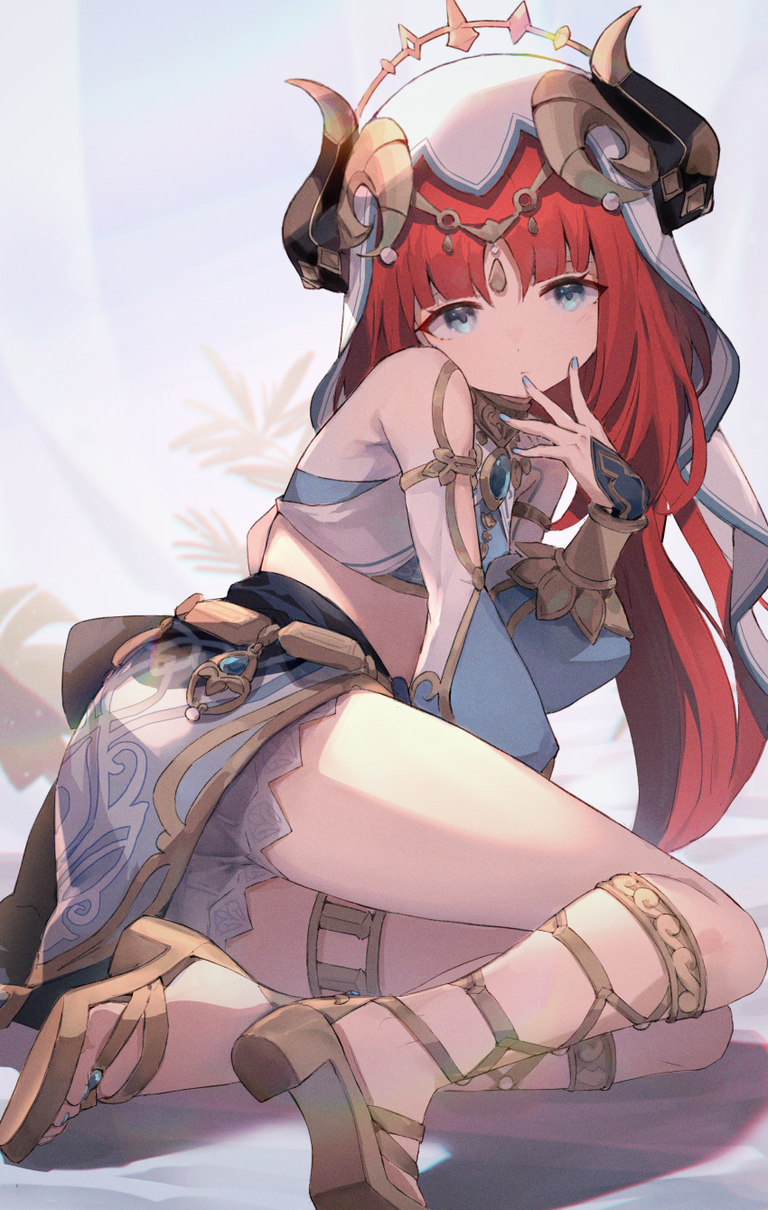 1girl absurdres ass bangs bedlah brooch closed_mouth crop_top dancer detached_sleeves genshin_impact gladiator_sandals hand_on_own_face harem_outfit highres horns jewelry long_hair looking_at_viewer luelue_zi lying nilou_(genshin_impact) on_side puffy_sleeves red_hair sandals skirt solo thigh_strap thighs toes vambraces