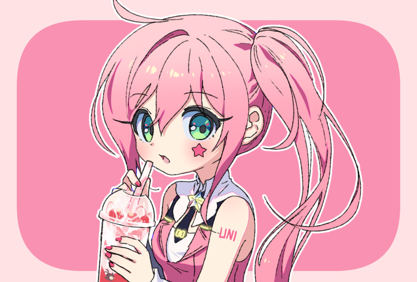 1girl ahoge bangs bare_shoulders black_necktie blush breasts cup disposable_cup drinking_straw facial_mark food fruit green_eyes hair_between_eyes holding holding_cup long_hair looking_at_viewer mechuragi medium_breasts nail_polish necktie outline parted_lips pink_background pink_hair pink_shirt red_nails shirt short_necktie side_ponytail sleeveless sleeveless_shirt solo star_(symbol) strawberry two-tone_background uni_(vocaloid) upper_body vocaloid white_outline wrist_cuffs