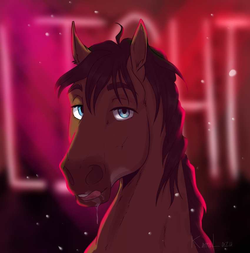 2020 ambiguous_gender blue_eyes bodily_fluids brown_body brown_hair brown_mane digital_media_(artwork) dolero dripping drooling equid equine eyebrows feral hair hi_res horse kamilazu looking_at_viewer mammal mane neon_lights neon_sign open_mouth saliva saliva_drip sign solo teeth