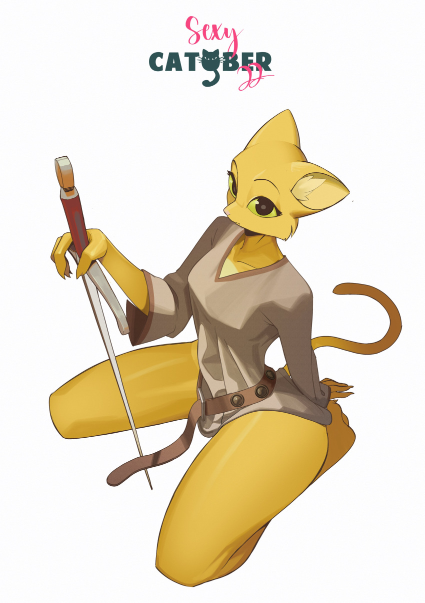 2022 absurd_res anthro belt bethesda_softworks big_breasts biped bottomless breasts clothed clothing digital_drawing_(artwork) digital_media_(artwork) digital_painting_(artwork) felid feliscede female fur hand_on_sword hi_res katia_managan khajiit kneeling long_tail looking_at_viewer mammal melee_weapon prequel_adventure shirt shirt_only solo sword tagme the_elder_scrolls thick_thighs topwear topwear_only video_games weapon webcomic wide_hips yellow_body yellow_fur