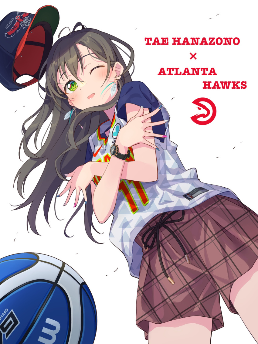 1girl atlanta_hawks bang_dream! baseball_cap basketball basketball_jersey blush brown_hair brown_shorts character_name crossed_arms drawstring earrings green_eyes grey_shirt hair_behind_ear hair_between_eyes hanazono_tae hat headwear_removed highres jewelry national_basketball_association one_eye_closed plaid plaid_shorts shirt shorts sleeveless sleeveless_shirt solo unmoving_pattern white_background yazawa_happyaro