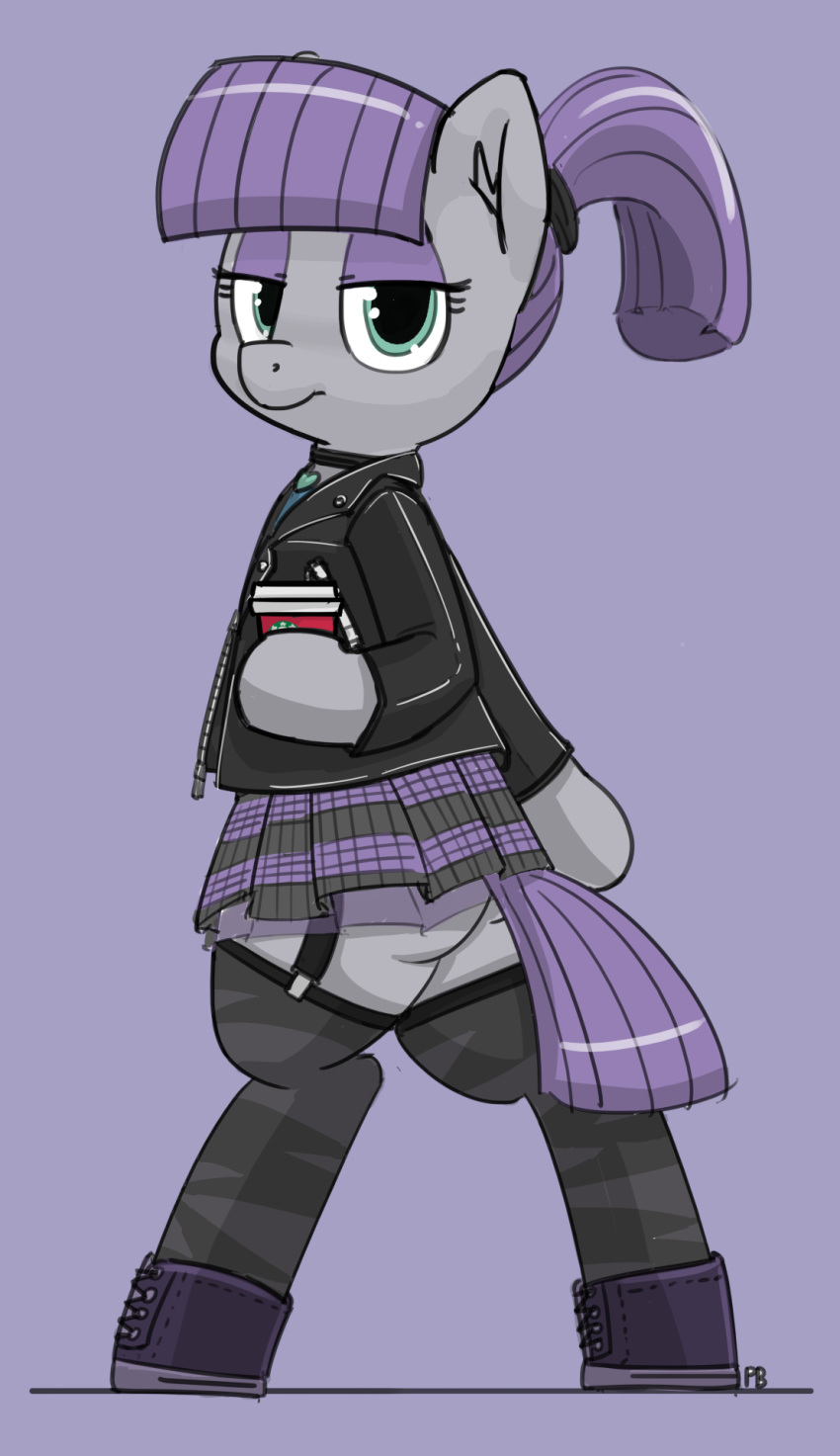 2016 accessory alternate_hairstyle biped bottomwear butt choker clothing container cup digital_media_(artwork) earth_pony equid equine eyeshadow female footwear friendship_is_magic garter green_eyes grey_body hair half-closed_eyes hasbro hi_res holding_object horse jacket jewelry leather leather_clothing leather_jacket leather_topwear legwear lidded_eyes makeup mammal maud_pie_(mlp) my_little_pony narrowed_eyes necklace pabbley pony ponytail purple_background purple_eyeshadow purple_hair purple_tail semi-anthro shoes signature simple_background skirt standing stockings topwear