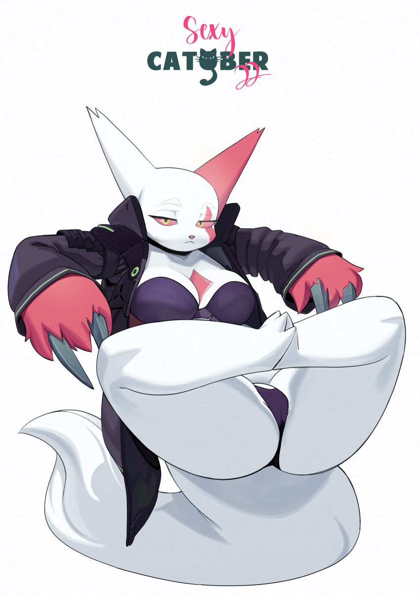 absurd_res anthro biped bra camel_toe claws clothing feliscede female frown generation_3_pokemon hi_res looking_at_viewer nintendo pokemon pokemon_(species) red_body red_eyes simple_background solo underwear video_games white_background white_body zangoose