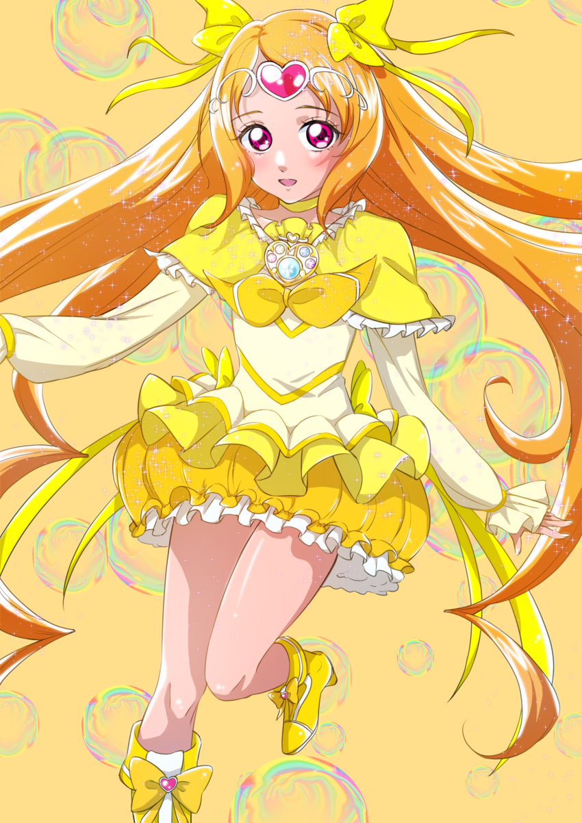 absurdres blush boots brooch bubble bubble_skirt capelet choker cowboy_shot cure_muse_(yellow) dress frilled_skirt frills hair_ribbon highres jewelry kypkenta long_sleeves looking_at_viewer open_mouth orange_background orange_hair precure purple_eyes ribbon shirabe_ako shirt simple_background skirt smile standing standing_on_one_leg suite_precure tiara yellow_choker yellow_dress yellow_footwear yellow_ribbon yellow_shirt