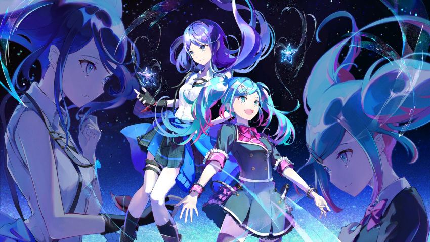 2girls aqua_eyes aqua_hair belt black_belt black_gloves black_skirt black_socks blue_sweater blue_theme bracelet buttons clothes_around_waist collared_shirt crystal double-breasted fingerless_gloves floating floating_hair gloves grey_eyes hatsune_miku highres hoshino_ichika_(project_sekai) jewelry kneehighs knees_together_feet_apart leo/need_(project_sekai) light_particles long_hair multicolored_hair multiple_girls neck_ribbon official_art outstretched_arms pink_hair pink_ribbon plaid plaid_skirt pleated_skirt project_sekai purple_theme ribbon sakinoji shirt side-by-side single_glove single_wrist_cuff skirt sky smile socks spread_arms star_(sky) star_(symbol) starry_sky streaked_hair sweater sweater_around_waist thigh_belt thigh_strap tsurime twintails vocaloid white_shirt wing_collar wrist_bow wrist_cuffs