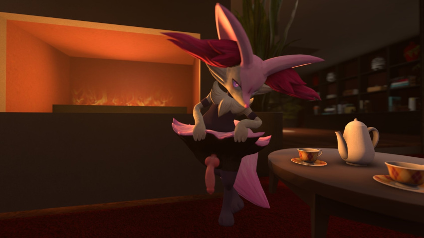 animal_genitalia animal_penis anthro braixen canid canine canine_penis choker clothing fireplace fluffy fluffy_tail fox fur generation_6_pokemon genitals girly hi_res iner_ear_fluff jewelry knot long_penis maid_uniform male mammal neck_tuft necklace nintendo novathelucario penis pink_body pink_eyes pink_fur pokemon pokemon_(species) rex_the_braixen_maid solo tuft uniform video_games