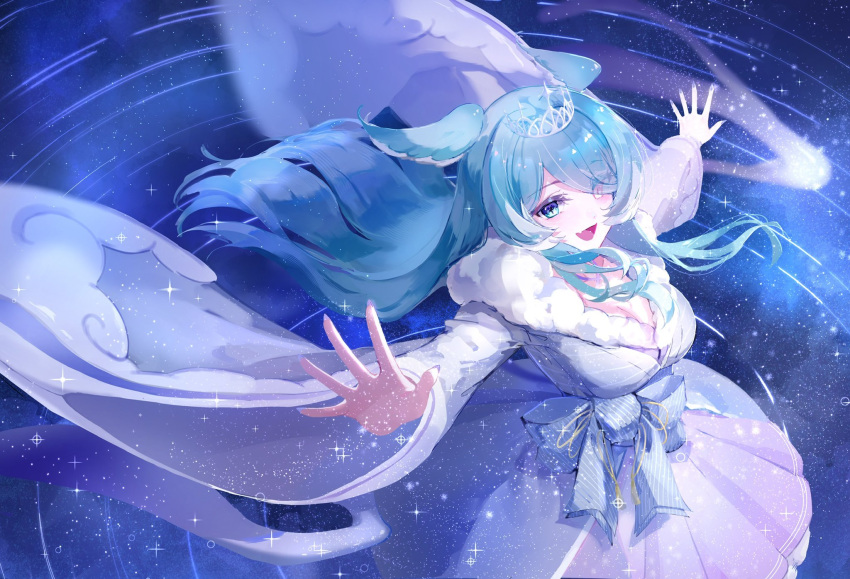 1girl a_ji blue_eyes blue_hair blue_ribbon breasts cleavage comet dress elira_pendora fang floating_hair from_above fur_trim hair_over_one_eye head_wings heterochromia highres large_breasts long_hair long_sleeves looking_at_viewer multicolored_hair nail_polish nijisanji nijisanji_en open_mouth outstretched_arms pleated_dress purple_eyes ribbon skin_fang smile solo spread_arms star_(sky) starry_background streaked_hair tiara virtual_youtuber white_dress white_hair wide_sleeves