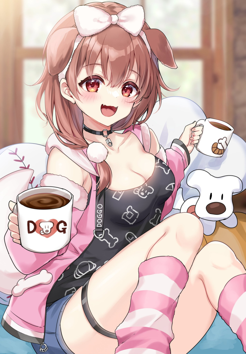 1girl :d animal_ears animal_print bangs black_choker black_tank_top blue_shorts blush bone_print bow bow_hairband breasts brown_eyes brown_hair choker cleavage coffee coffee_mug cup denim denim_shorts detached_sleeves dog dog_ears dog_girl dog_print dog_tail extra_ears fang fur-trimmed_sleeves fur_trim hair_between_eyes hair_bow hair_ornament hair_over_shoulder hairband highres holding holding_cup hololive hood hooded_vest hoodie hoso-inu incoming_food inugami_korone jewelry long_hair looking_at_viewer loose_socks medium_breasts motohara_moka mug o-ring o-ring_choker open_mouth pendant pink_hairband pink_sleeves pink_socks pom_pom_(clothes) pom_pom_hair_ornament print_shirt shirt shorts sitting skin_fang smile socks solo tail tank_top thigh_strap two-tone_legwear vest virtual_youtuber white_socks