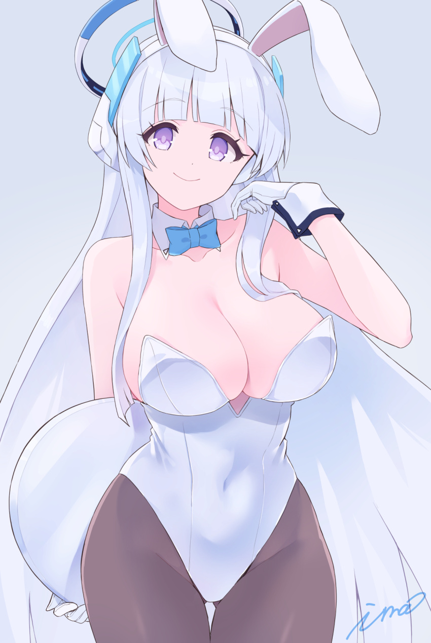 1girl alternate_costume animal_ears blue_archive breasts cleavage commentary_request fake_animal_ears gloves halo headband highres ima_(lm_ew) large_breasts long_hair noa_(blue_archive) pantyhose playboy_bunny purple_eyes signature simple_background solo tray white_hair