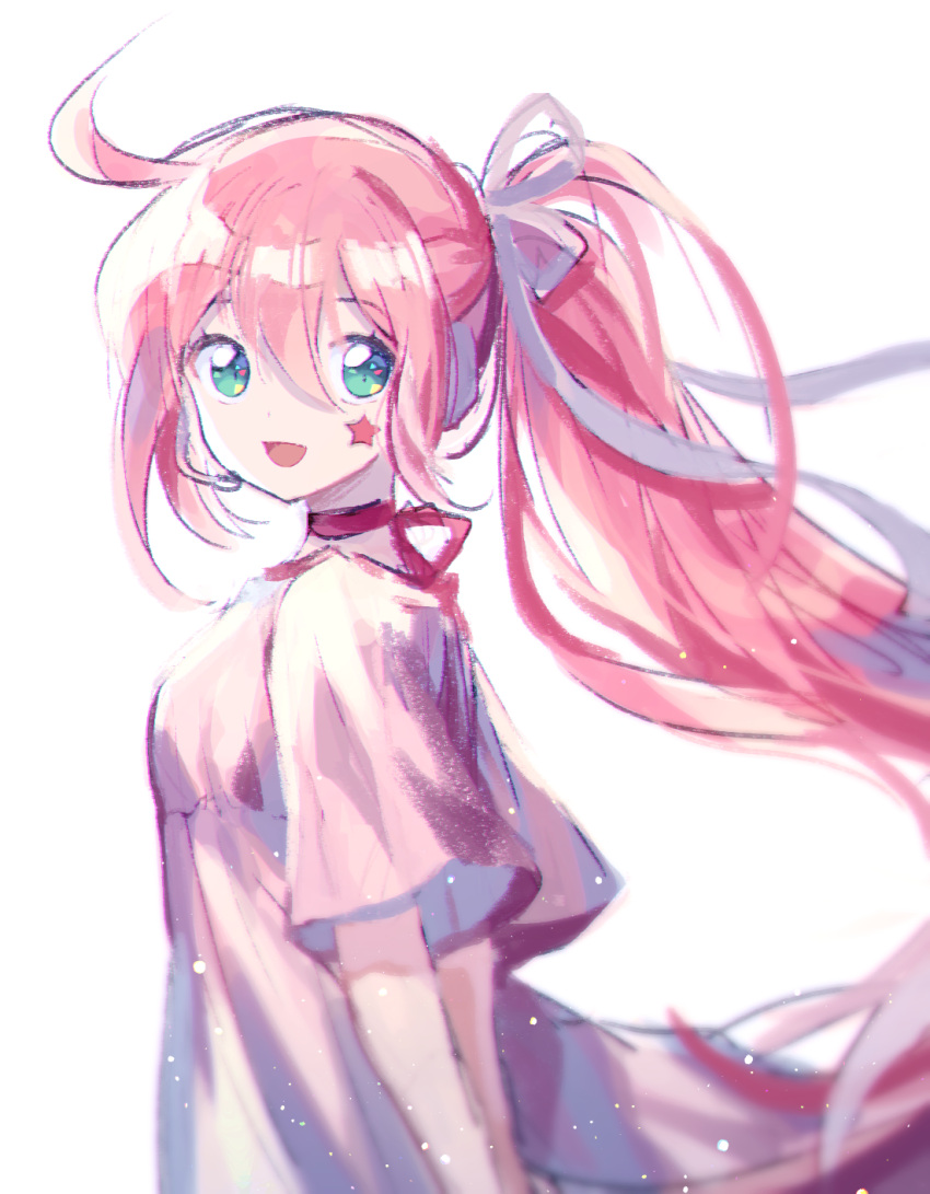 1girl :d bangs dress facial_mark from_side green_eyes hair_between_eyes hair_ribbon headset highres long_hair looking_at_viewer looking_to_the_side mechuragi pink_hair ribbon short_sleeves side_ponytail simple_background smile solo star_(symbol) uni_(vocaloid) very_long_hair vocaloid white_background white_dress white_ribbon wide_sleeves