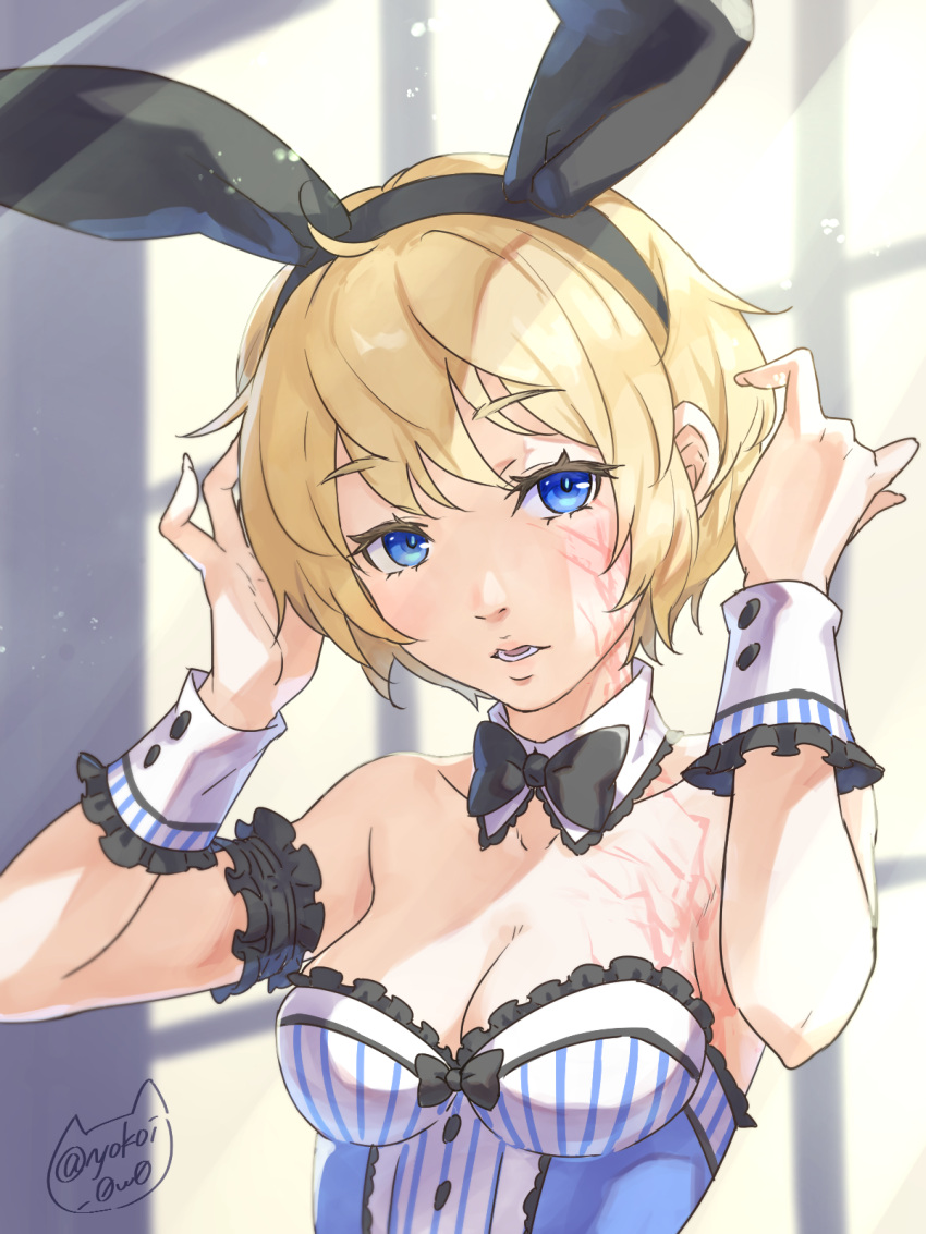 1girl ahoge animal_ears apex_legends arm_garter bangs bare_shoulders black_bow black_bowtie black_hairband blonde_hair blue_eyes blue_pupils bow bowtie breasts cleavage collarbone detached_collar eyelashes fake_animal_ears fingernails frills hairband hands_up highres lichtenberg_figure medium_breasts open_mouth playboy_bunny rabbit_ears scar scar_on_breasts scar_on_face short_hair solo striped teeth twitter_username upper_body vertical_stripes wattson_(apex_legends) window wrist_cuffs yokoi_aya