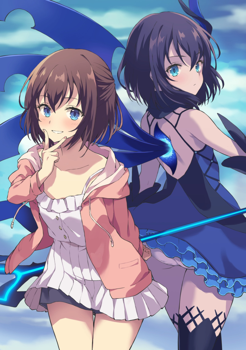 2girls aqua_eyes arm_behind_back ass black_dress black_hair black_thighhighs blue_dress blue_eyes blush brown_hair buttons collarbone demon_girl demon_wings drawstring dress dual_persona elbow_gloves engage_kiss frilled_dress frills gloves highres holding holding_weapon jacket legs_together looking_at_viewer multicolored_clothes multicolored_dress multiple_girls nail_polish off_shoulder ogata_kanna_(engage_kiss) panties pantyshot parted_lips pitchfork pleated_dress rasahan short_hair smile spoilers thighhighs thighs underwear v v_over_mouth weapon white_dress white_panties wings