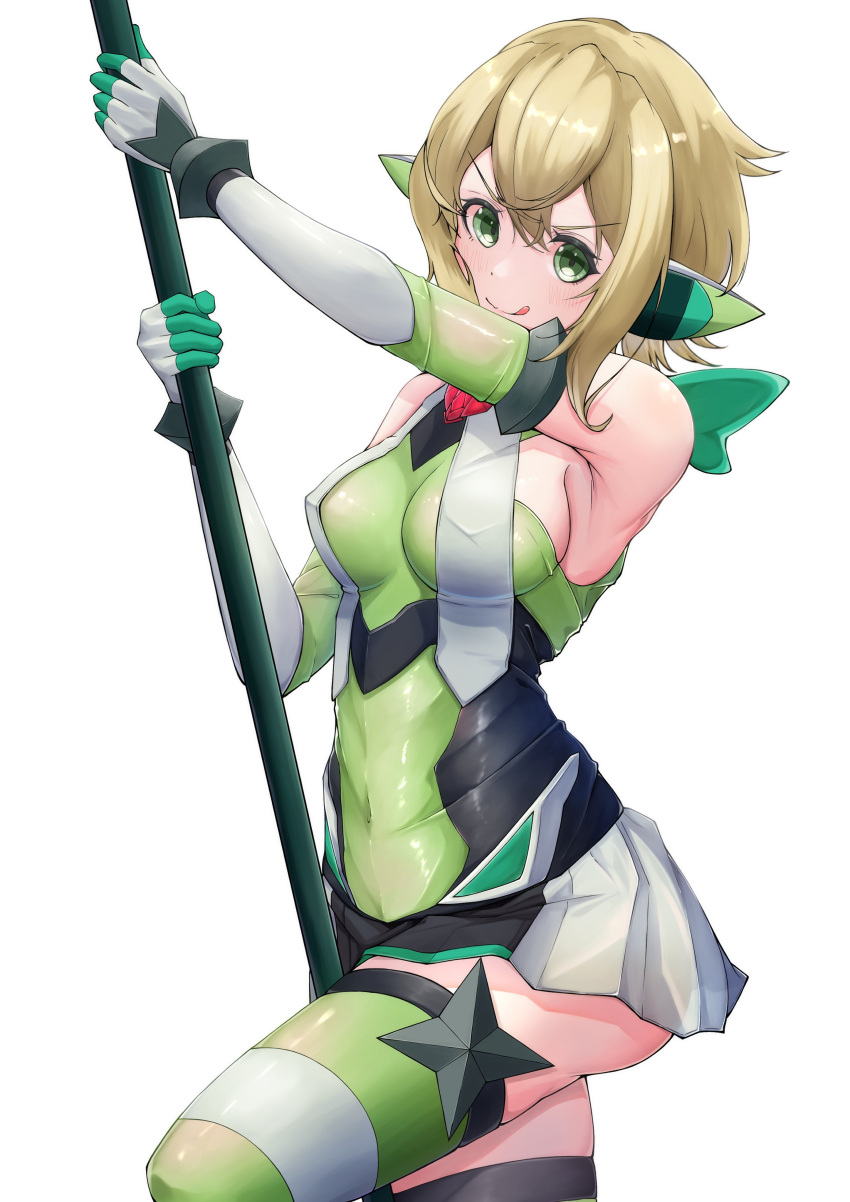 1girl :d absurdres akatsuki_kirika armpits bare_shoulders blonde_hair breasts covered_navel covered_nipples elbow_gloves gloves green_eyes green_leotard highres iada3229 impossible_clothes impossible_leotard leotard medium_breasts scythe senki_zesshou_symphogear shiny shiny_clothes shiny_hair shiny_skin short_hair simple_background skin_tight skindentation skirt smile solo standing striped striped_thighhighs thighhighs thighs white_background