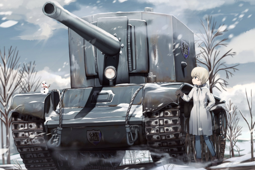 1girl blonde_hair coat emblem girls_und_panzer highres keizoku_(emblem) light makiyo_shine short_hair snow snowing snowman solo su-100y tank_focus tree vehicle_focus white_coat winter winter_clothes