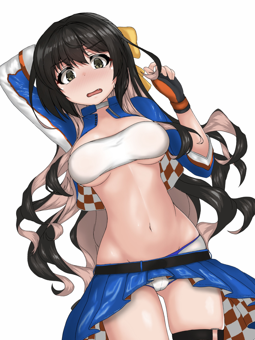 1girl absurdres akigumo_(kancolle) akigumo_(kancolle)_(cosplay) black_hair blue_jacket blue_skirt breasts colored_inner_hair cosplay cropped_jacket grey_eyes highres jacket kantai_collection kinakomochi_(testament05) large_breasts long_hair micro_shorts miniskirt multicolored_clothes multicolored_hair multicolored_jacket naganami_(kancolle) navel official_alternate_costume pink_hair pleated_skirt race_queen shorts shrug_(clothing) skirt solo two-tone_hair wavy_hair white_bandeau white_jacket white_shorts