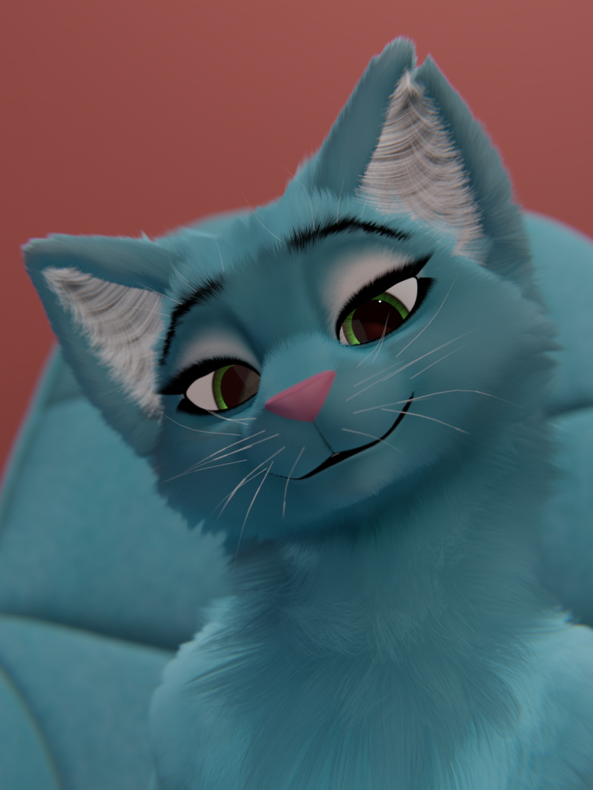 3d_(artwork) anthro bananastheleech blue_body blue_fur chait chest_tuft digital_media_(artwork) felid female fluffy fur furniture green_eyes hi_res kraft_trio mammal neck_tuft notched_ear pink_nose smile solo tuft whiskers