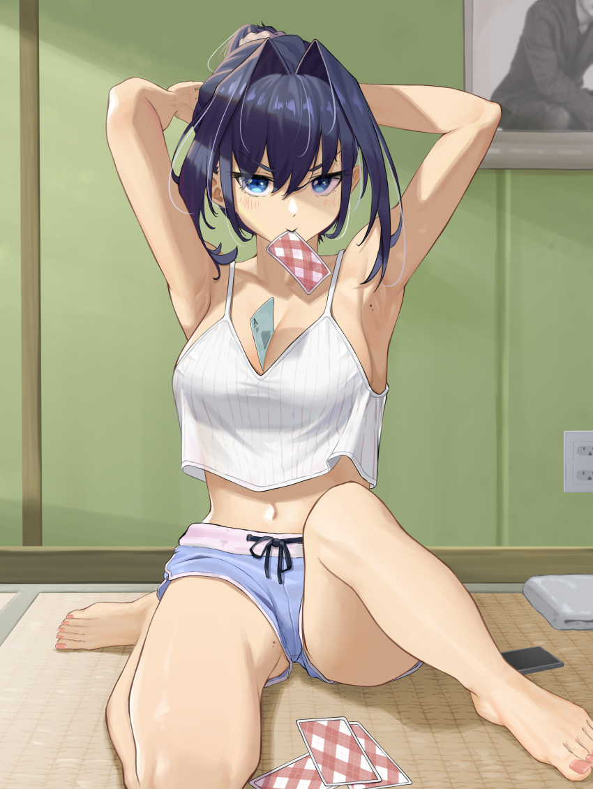 1girl absurdres armpits arms_behind_head arms_up bangom_r bangs barefoot between_breasts blue_eyes blue_hair blue_shorts blush breasts card cellphone cleavage crop_top electrical_outlet hair_between_eyes hair_intakes hair_ornament hair_scrunchie highres hololive hololive_english large_breasts looking_at_viewer midriff mole mole_on_armpit mole_on_thigh mouth_hold nail_polish navel ouro_kronii phone pink_nails playing_card scrunchie short_shorts shorts smartphone toenail_polish toenails virtual_youtuber