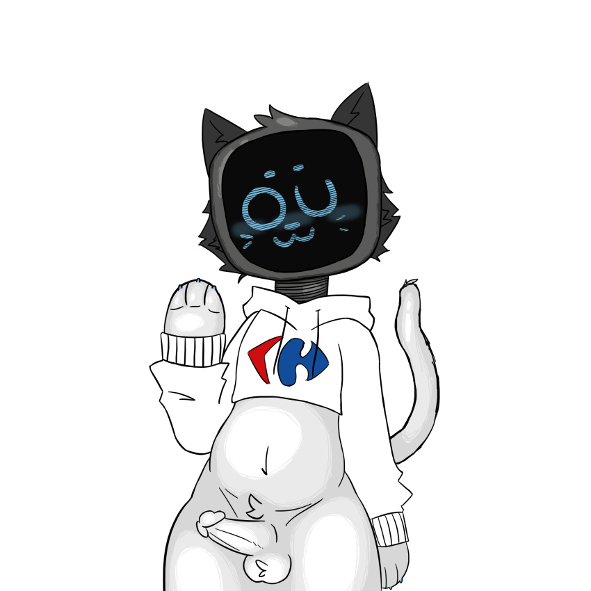 anthro balls black_body black_fur blue_eyes blush carrefour clothing crop_top domestic_cat felid feline felis fluffy_balls flushed fur genitals girly glu_(artist) half_body hi_res hoodie kerfus machine male mammal monitor one_eye_closed penis raised_hand raised_tail robot shirt smile solo solo_focus standing tail thick_thighs topwear white_body white_clothing white_fur white_hoodie white_tail white_topwear wink