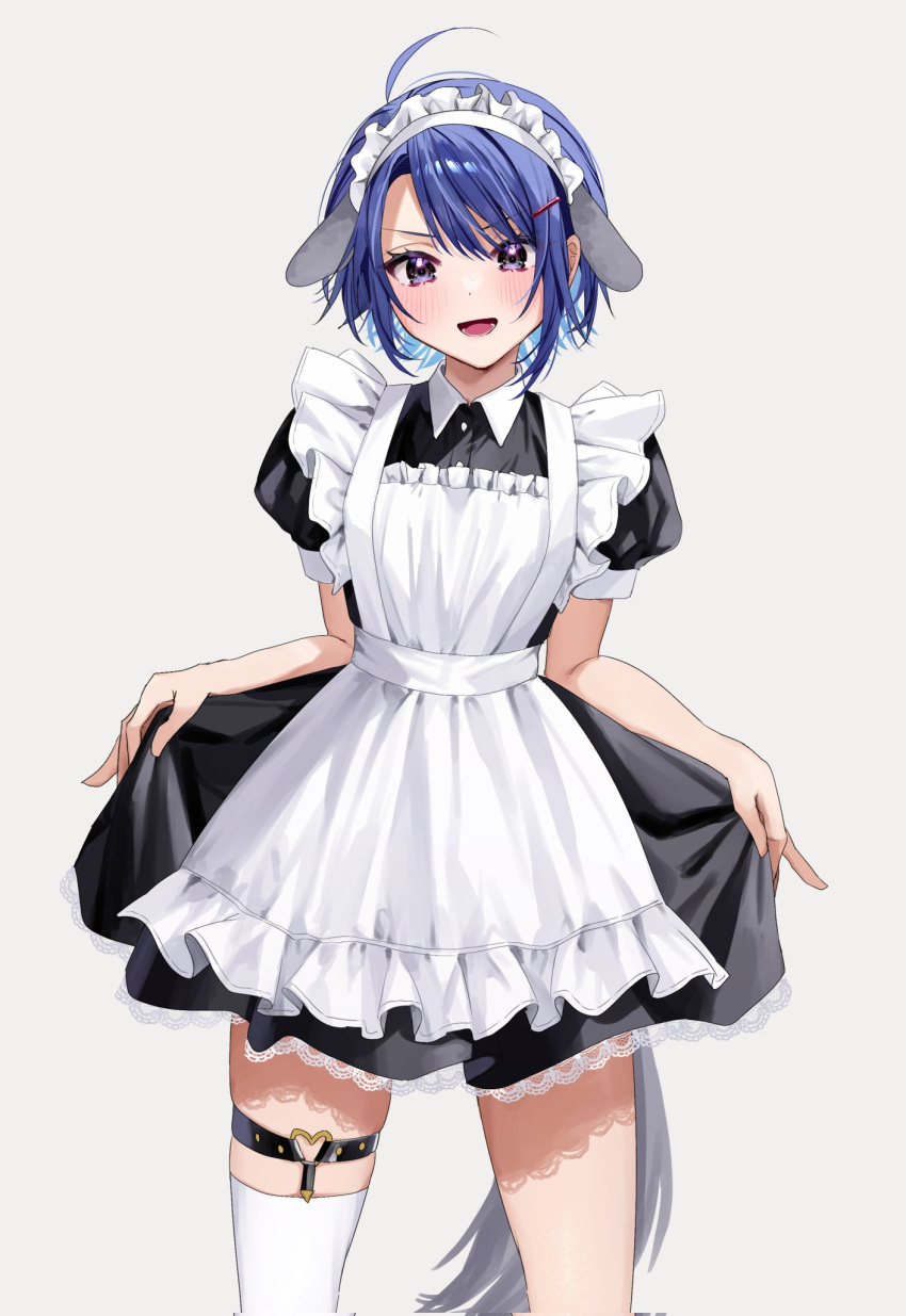 1girl :d akira_(jitsuimo) animal_ears apron bangs blue_hair blush breasts chigusa_minori dog_ears dog_tail dress fake_animal_ears frills hair_ornament highres jitsu_wa_imouto_deshita. looking_at_viewer maid maid_apron maid_headdress puffy_sleeves short_hair single_thighhigh skirt skirt_hold smile solo tail thigh_strap thighhighs waist_apron