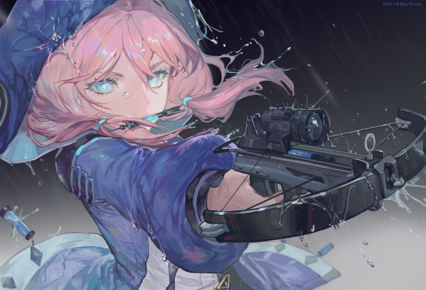 1girl absurdres arknights bingansuan_jiamouren black_background blue_eyes blue_jacket blue_poison_(arknights) crossbow dart duplicate elite_ii_(arknights) gradient gradient_background highres holding holding_weapon hood hooded_jacket jacket long_hair looking_at_viewer photoshop_(medium) pink_hair pixel-perfect_duplicate rain short_twintails solo twintails upper_body water weapon