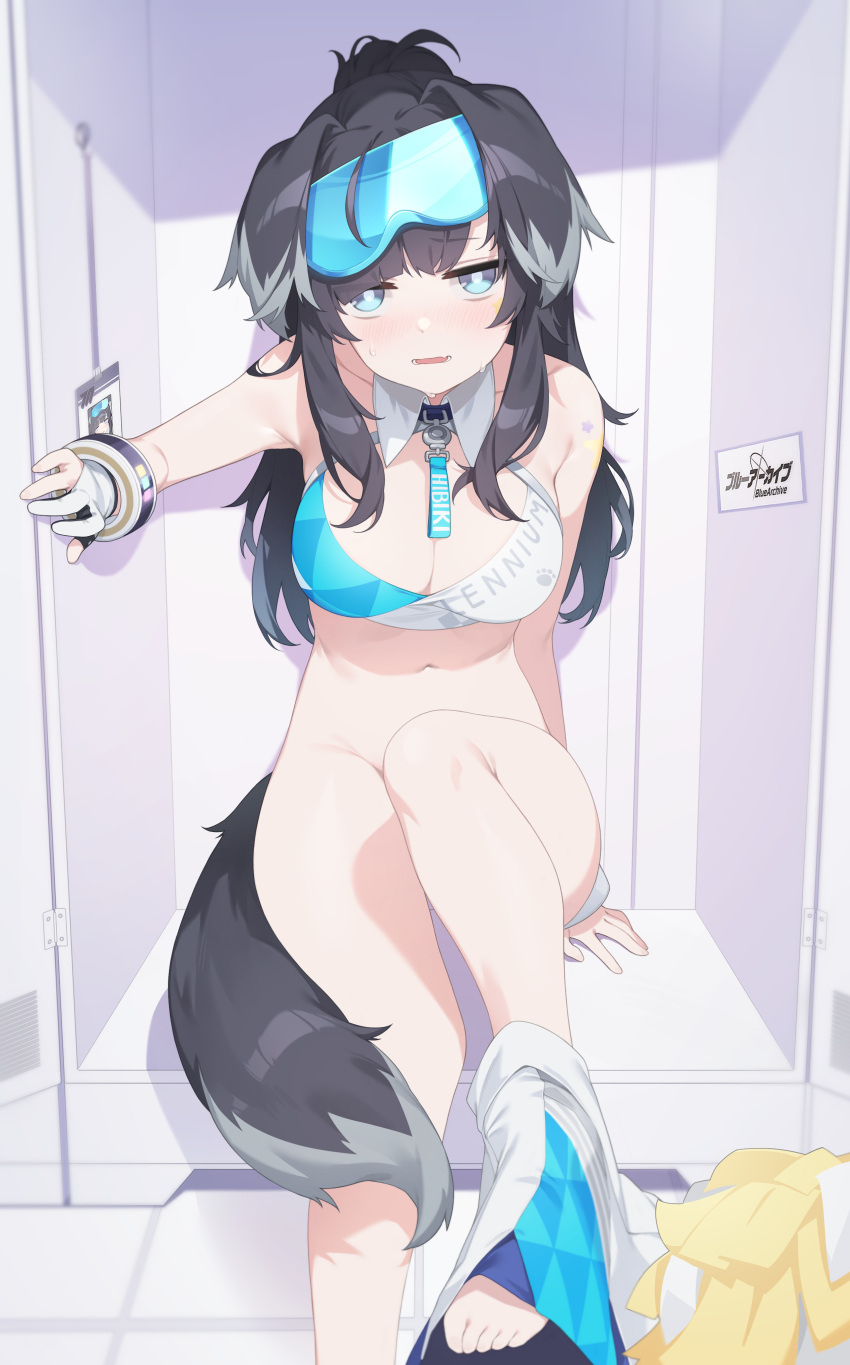 1girl absurdres animal_ears bangs barefoot black_hair blue_archive blue_eyes blush bottomless bracelet breasts cleavage commentary copyright_name crop_top dog_ears dog_tail gloves goggles goggles_on_head hibiki_(blue_archive) hibiki_(cheerleader)_(blue_archive) highres id_card in_locker jewelry knee_up large_breasts long_hair looking_at_viewer mokew navel open_mouth partially_fingerless_gloves pom_pom_(cheerleading) ponytail sitting skirt skirt_around_one_leg solo stomach sweat tail white_gloves