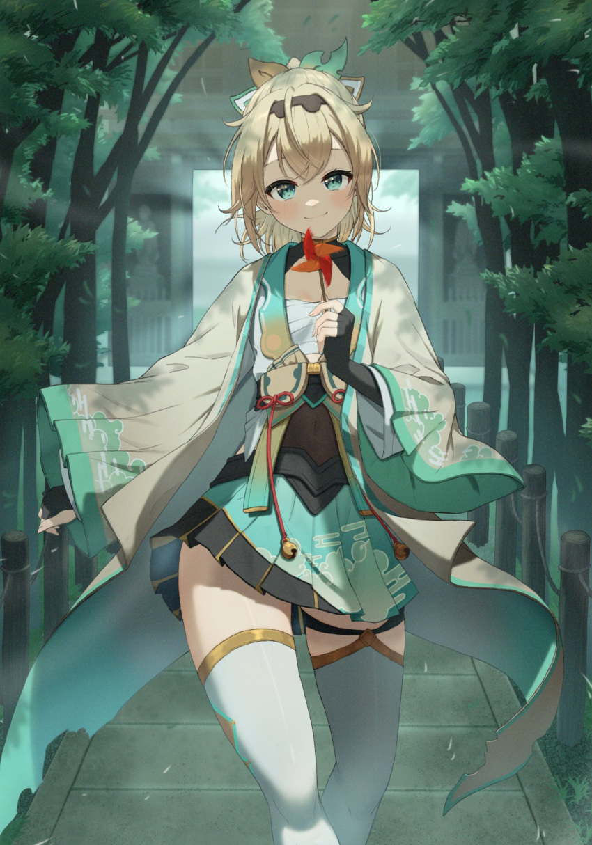 1girl bangs blonde_hair blue_eyes blush bowsan chest_sarashi fingerless_gloves gloves hair_between_eyes hairband haori highres hololive japanese_clothes kazama_iroha long_hair looking_at_viewer pinwheel ponytail sarashi skirt smile solo sword virtual_youtuber weapon