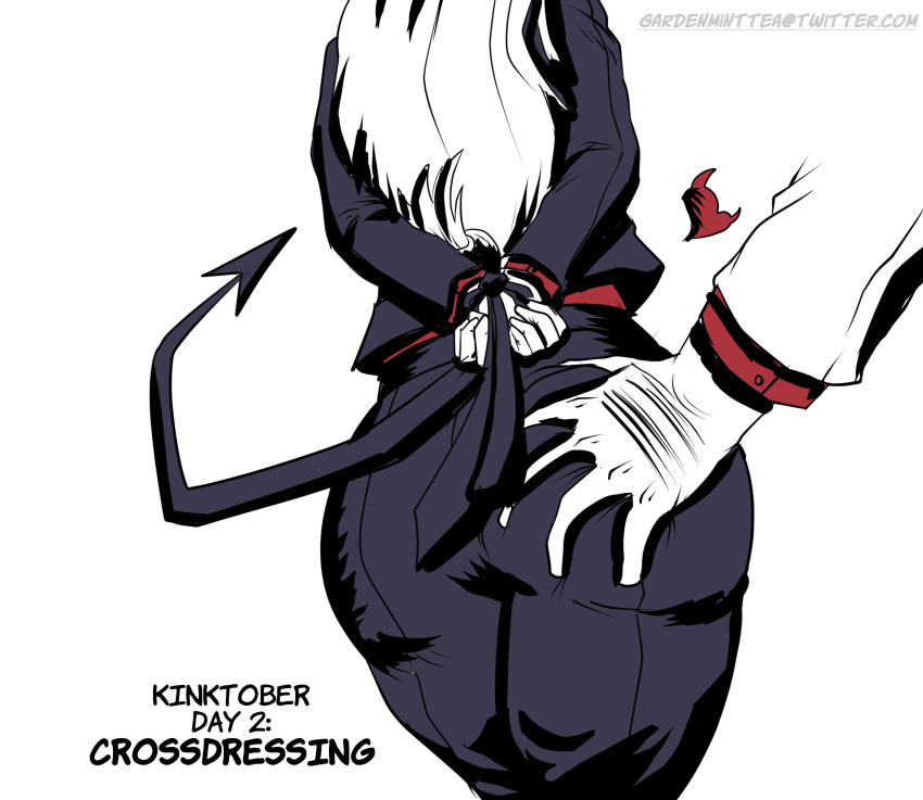 &lt;3 2022 5_fingers ambiguous_gender azazel_(helltaker) black_bottomwear black_clothing black_pants black_tail black_tie_(suit) black_topwear black_vest bottomwear bound butt butt_focus butt_grab clothed clothing crossdressing demon demon_humanoid digital_media_(artwork) duo english_text faceless_character faceless_female faceless_humanoid female female/ambiguous female_focus fingers fully_clothed gardenminttea gloves hair hand_on_butt hands_behind_back hands_tied handwear helltaker hi_res humanoid humanoid_focus kinktober long_hair mostly_offscreen_character not_furry pants pointed_tail red_clothing red_shirt red_topwear shirt simple_background solo_focus suit text topwear url vest white_background white_clothing white_gloves white_hair white_handwear