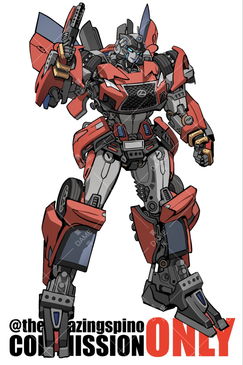 1girl blue_eyes blue_lips clenched_hand commission full_body gun head_tilt highres holding holding_gun holding_weapon lexus looking_at_viewer mecha original robot science_fiction smile solo theamazingspino transformers watermark weapon white_background
