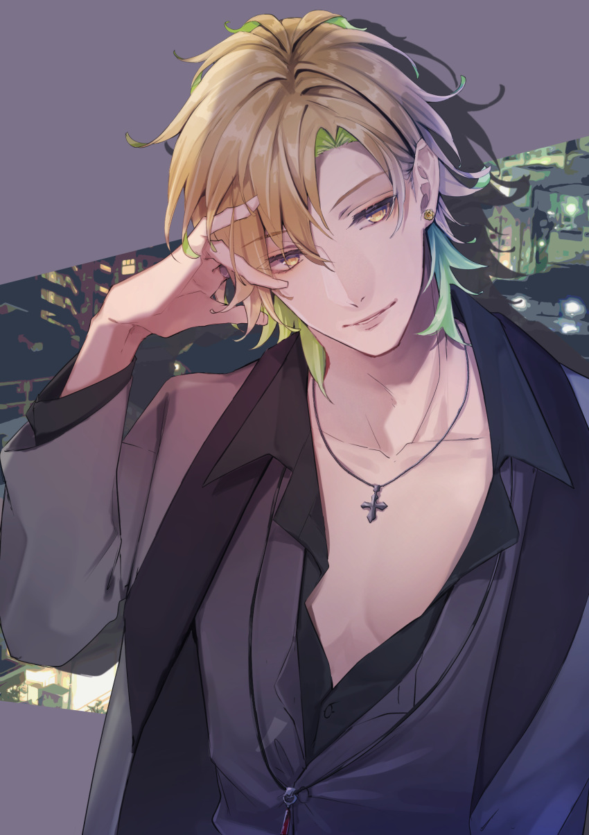 1boy black_shirt blonde_hair city collared_shirt colored_inner_hair cross cross_necklace curtained_hair earrings enomoto_nao flower_earrings green_hair grey_background grey_jacket grey_vest hand_in_own_hair head_tilt highres hypnosis_mic izanami_hifumi jacket jewelry lapels looking_at_viewer male_focus multicolored_hair necklace parted_lips partially_unbuttoned shawl_lapels shirt short_hair smile solo upper_body vest yellow_eyes