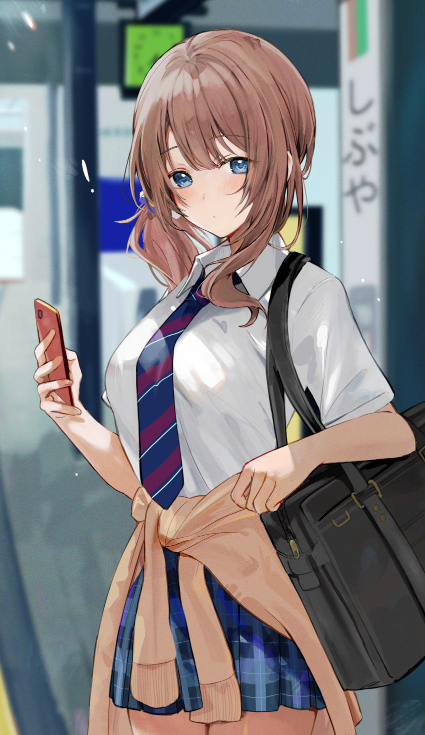 1girl absurdres backpack bag blue_eyes blue_skirt blush bow bowtie breasts cardigan cellphone dot_nose drill_hair highres holding large_breasts looking_at_viewer medium_hair miyamasuzaka_girls'_academy_uniform mochizuki_honami outdoors phone plaid plaid_skirt project_sekai shirt side_drill single_sidelock skirt smartphone tomura2maru white_shirt yellow_cardigan