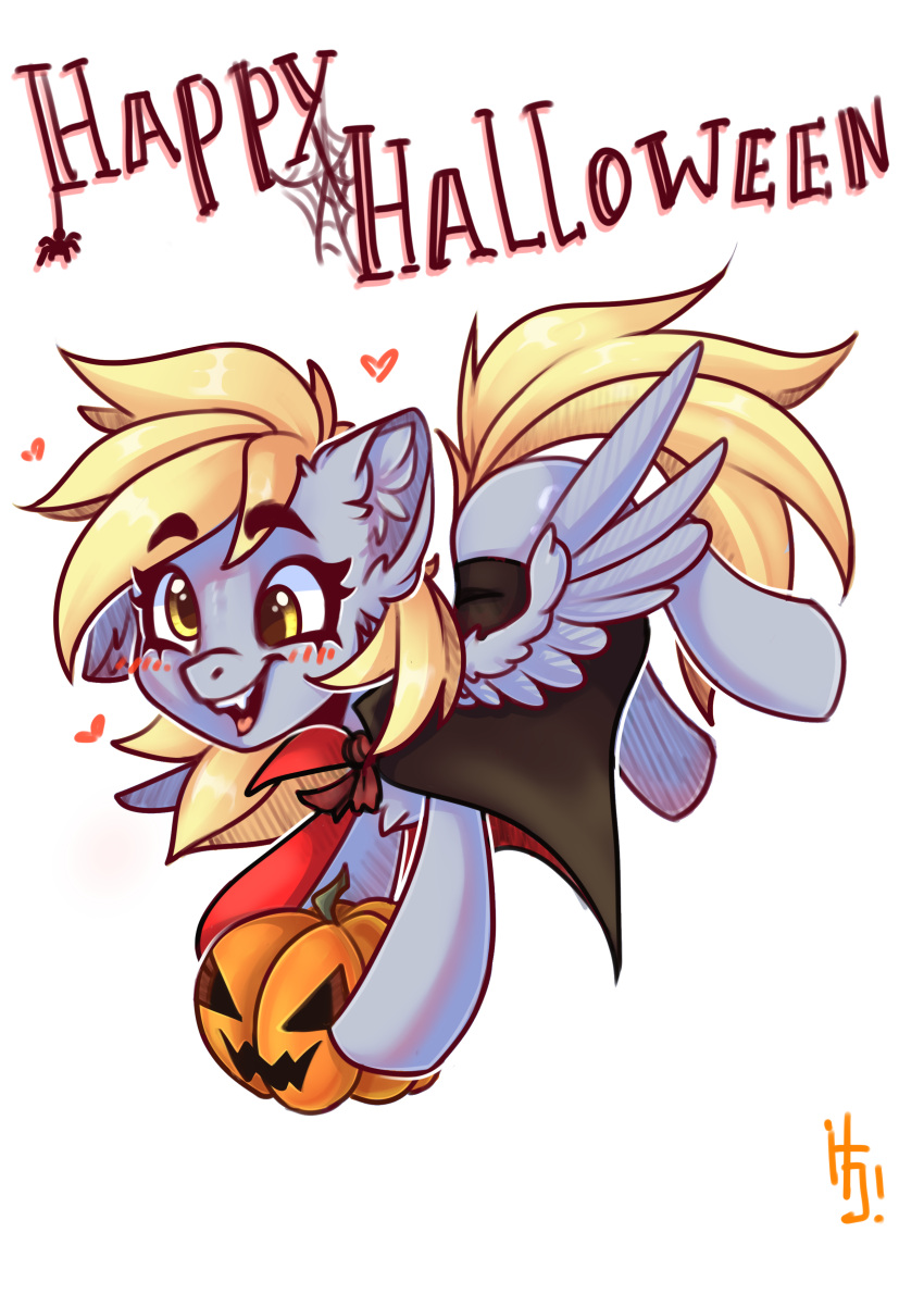 &lt;3 absurd_res blonde_hair blush chest_tuft clothing costume derpy_hooves_(mlp) digital_media_(artwork) equid equine eyebrow_through_hair eyebrows eyelashes falafeljake fangs feathered_wings feathers female feral food friendship_is_magic fruit fur grey_body grey_feathers grey_fur hair halloween halloween_costume happy hasbro hi_res holding_object holidays inner_ear_fluff jack-o'-lantern mammal my_little_pony pegasus plant pumpkin smile thick_eyebrows translucent translucent_hair tuft vampire_costume wings yellow_eyes yellow_tail