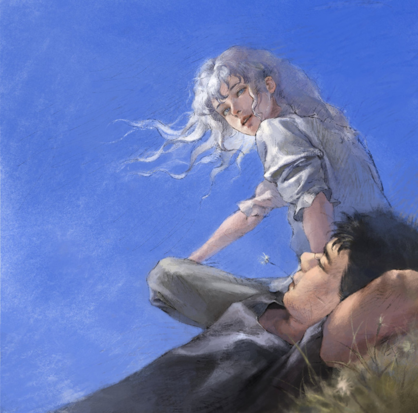 2boys aizheajsee arms_behind_back berserk black_hair black_tank_top blue_eyes blue_sky closed_eyes closed_mouth commentary commentary_request grass griffith_(berserk) guts_(berserk) highres long_hair looking_at_viewer lying male_focus mouth_hold multiple_boys on_grass parted_lips shirt short_hair short_sleeves sitting sky sleeping smile spiked_hair stalk_in_mouth tank_top white_hair white_shirt