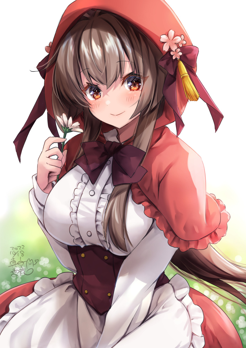 1girl absurdres breasts brown_eyes brown_hair capelet cherry_blossoms cosplay flower highres holding holding_flower hood hood_up hooded_capelet huge_breasts kantai_collection little_red_riding_hood little_red_riding_hood_(grimm) little_red_riding_hood_(grimm)_(cosplay) long_hair long_sleeves looking_at_viewer mashiro_yukiya red_capelet shirt sidelocks smile solo underbust very_long_hair white_flower white_shirt yamato_(kancolle)