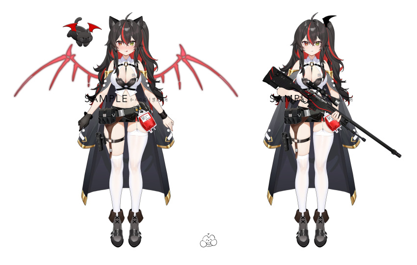 1girl ahoge animal_ears animated bangs black_hair black_thighhighs blood blood_bag cat_ears cloak eyebrows_hidden_by_hair gun hair_between_eyes highres holding holding_gun holding_weapon leg_belt live2d long_hair looking_at_viewer multicolored_eyes multicolored_hair original red_eyes red_hair rifle simple_background sniper_rifle solo tachi-e tangdouji_(machine) thighhighs virtual_youtuber weapon white_background wings yellow_eyes