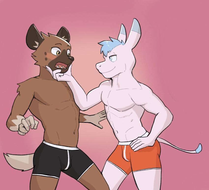 5_fingers abs aggressive_retsuko anthro asinus athletic athletic_anthro athletic_male blush brown_body brown_fur clothed clothing donkey duo equid equine fingers fur haida hand_on_head hi_res hyaenid jrjresq male male/male mammal open_mouth pink_body pink_fur sanrio simple_background spotted_hyena tadano_(aggretsuko) underwear underwear_only