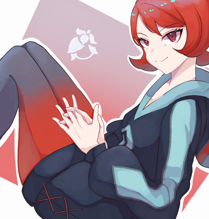 1girl absurdres arezu_(pokemon) bangs closed_mouth commentary_request eyelashes from_side gradient gradient_legwear head_tilt highres interlocked_fingers jacket looking_to_the_side outline own_hands_together pantyhose pokemon pokemon_(game) pokemon_legends:_arceus red_eyes red_hair short_hair smile solo split_mouth weiss_9610