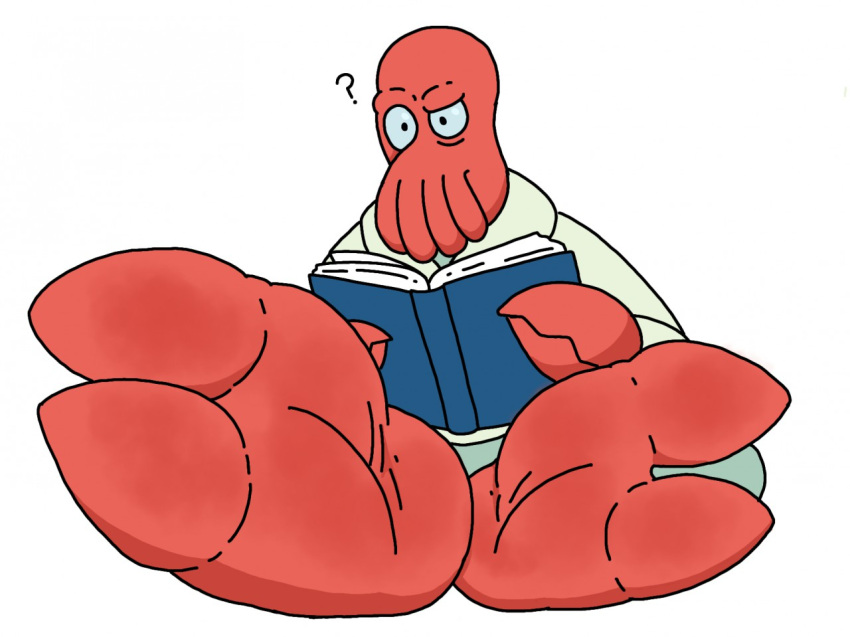 2_toes alien anthro arthropod barefoot blue_bottomwear blue_clothing blue_pants book bottomwear chippyyumyum clothing coat comedy_central confusion crustacean decapoda doctor_zoidberg feet foot_focus futurama lobster malacostracan male marine pants question_mark reading reading_book soles solo toes topwear