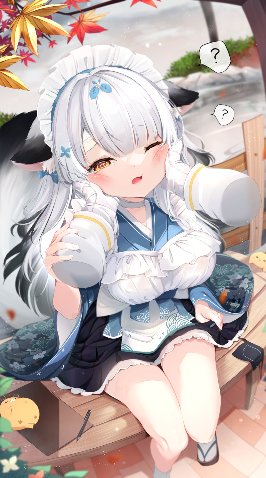 1girl 1other ? @_@ animal animal_ears apron autumn_leaves azur_lane bangs bird black_skirt blue_kimono blush branch breasts brown_eyes brown_footwear chick commander_(azur_lane) commentary_request day disembodied_limb frilled_apron frills gloves grey_hair half-closed_eye hands_on_another's_cheeks hands_on_another's_face highres japanese_clothes kimono large_breasts leaf long_hair long_sleeves looking_at_viewer maid_headdress manjuu_(azur_lane) maple_leaf miyuki_(azur_lane) one_eye_closed open_mouth outdoors pleated_skirt shiira_(nya_rl) sitting skirt socks solo_focus spoken_question_mark tears very_long_hair wa_maid water white_apron white_gloves white_socks wide_sleeves zouri