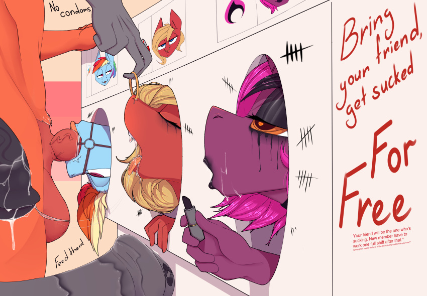 absurd_res anthro bdsm black_lipstick blaze_fury_(oc) bodily_fluids bondage bound chapaevv cherry_soda cum cum_in_mouth cum_inside cum_on_face cum_string cutie_mark digital_media_(artwork) ember_(oc) equid equine erection facial_piercing fan_character fellatio female friendship_is_magic gag gagged genital_fluids genitals glory_hole group hair hasbro hi_res horse kiss_mark kissing knotting lips lipstick lipstick_fetish makeup male male/female mammal messy multicolored_hair my_little_pony nose_piercing nose_ring open_mouth oral oral_knotting oral_penetration penetration penile penis piercing pony public_use rainbow_dash_(mlp) rainbow_hair restraints ring_gag ring_piercing sex simple_background submissive text thick_lips tongue tongue_out