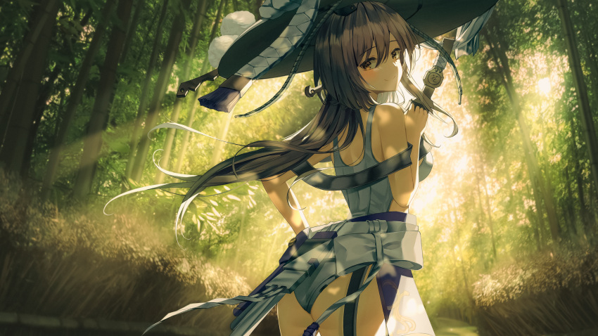1girl absurdres ass bamboo bangs bare_shoulders blurry blurry_background blush brown_eyes brown_hair character_request closed_mouth commentary_request cowboy_shot dappled_sunlight forest from_behind goddess_of_victory:_nikke grey_headwear grey_one-piece_swimsuit hat highres holding long_hair looking_at_viewer looking_to_the_side nature ruda_(ruda_e) smile solo standing sunlight swimsuit tree weapon wheat_field