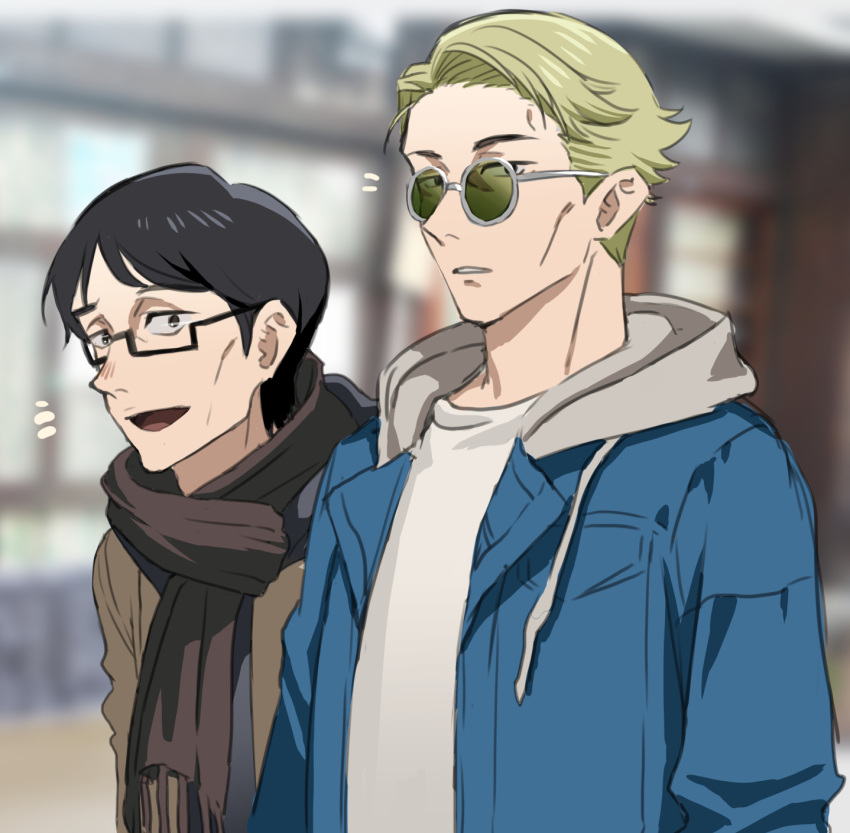 2boys akagi_kurage black_hair blonde_hair blue_hoodie brown_eyes brown_scarf glasses highres hood hoodie ijichi_kiyotaka jujutsu_kaisen looking_at_viewer male_focus multiple_boys nanami_kento open_mouth scarf shirt short_hair sunglasses white_shirt