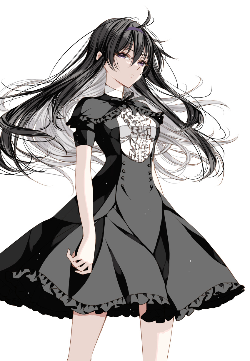 1girl absurdres akemi_homura bangs black_hair black_ribbon brown_eyes capelet colored_inner_hair dress_shirt floating_hair frilled_capelet frilled_skirt frills grey_capelet grey_hair grey_skirt hair_between_eyes hairband highres long_hair looking_at_viewer mahou_shoujo_madoka_magica medium_skirt misteor multicolored_hair neck_ribbon purple_hairband ribbon shirt short_sleeves simple_background skirt solo standing two-tone_hair underbust very_long_hair white_background white_shirt