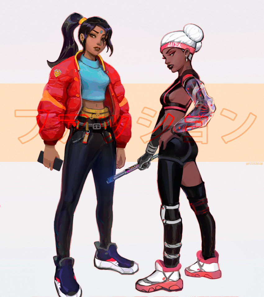 2girls absurdres alternate_costume apex_legends ass belt black_belt black_shirt blue_footwear blue_pants breasts brown_eyes crop_top dark-skinned_female dark_skin double_bun drumsticks english_commentary facial_mark forehead_mark full_body hair_between_eyes hair_bun highres holding holding_drumsticks holding_phone jacket lifeline_(apex_legends) medium_breasts multiple_girls pants peter_chai phone ponytail rampart_(apex_legends) red_jacket shirt shock_sticks_(apex_legends) shoes single_leg_pantyhose single_thighhigh sneakers standing thighhighs tooth_gap white_footwear white_hair