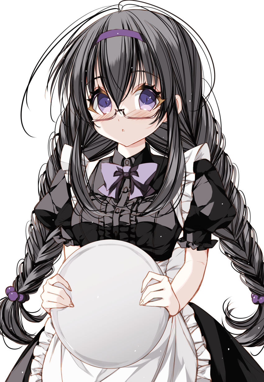 1girl absurdres akemi_homura alternate_costume apron bangs black_skirt bow bowtie braid collared_shirt dress_shirt enmaided glasses grey_hair grey_shirt hair_between_eyes hairband highres holding holding_plate long_hair looking_at_viewer mahou_shoujo_madoka_magica maid misteor open_mouth plate purple_bow purple_bowtie purple_eyes purple_hairband semi-rimless_eyewear shirt short_sleeves simple_background skirt solo twin_braids under-rim_eyewear very_long_hair waist_apron white_apron white_background wing_collar