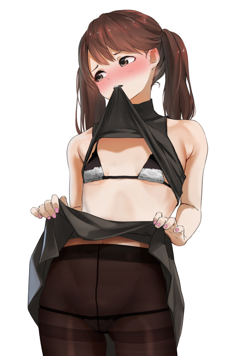 1girl absurdres bangs bare_shoulders bikini black_bra black_pantyhose black_shirt black_skirt blush bra brown_eyes brown_hair clothes_lift crotch_seam flat_chest highres kantai_collection lifted_by_self long_hair looking_away looking_to_the_side lowleg lowleg_panties micro_bikini mouth_hold nail_polish navel open_mouth panties panties_under_pantyhose pantyhose pink_nails ryuujou_(kancolle) shirt shirt_lift skirt skirt_lift sleeveless sleeveless_shirt solo standing stomach swimsuit tama_(tamago) thighband_pantyhose turtleneck twintails two-tone_bra underwear white_bra white_panties