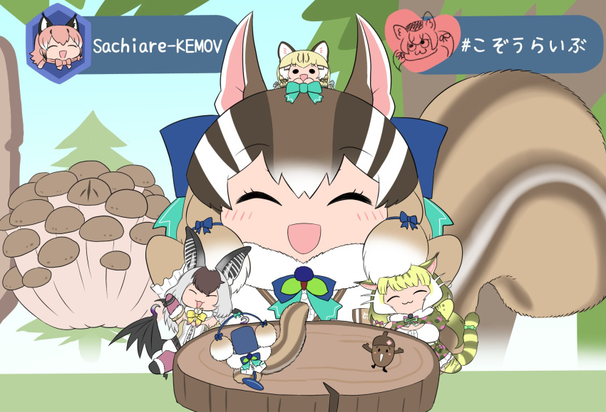 animal_costume animal_ear_fluff animal_ears bat_ears bat_girl bat_wings bokoboko_(pandagapanda1) bow bowtie brown_hair brown_long-eared_bat_(kemono_friends) caracal_(kemono_friends) caracal_ears cat_ears cat_girl cat_tail chipmunk_costume chipmunk_ears chipmunk_girl chipmunk_tail extra_ears geoffroy's_cat_(kemono_friends) gloves grey_hair highres jungle_cat_(kemono_friends) kanihai kemono_friends kemono_friends_v_project long_hair microphone multicolored_hair multiple_girls orange_hair scarf shirt short_hair siberian_chipmunk_(kemono_friends) tail vest virtual_youtuber white_hair wings